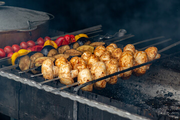 Grilled mushrooms and vegetables. BBQ vegetables