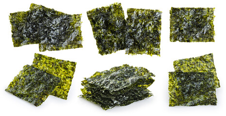 Crispy nori seaweed korean snack isolated on white background. Collection with clipping path. - obrazy, fototapety, plakaty