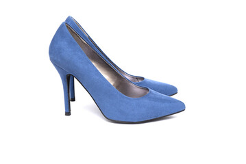 Blue suede female shoes on isolate white background