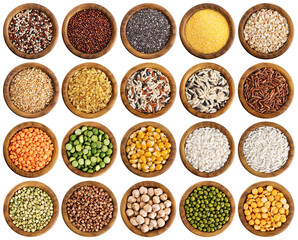 Wooden bowl with porridge, cereals, lentils, peas and beans. Collection with clipping path.
