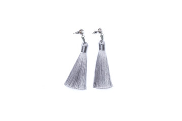gray tassel earrings isolated on white background, viscose thread jewelry earrings