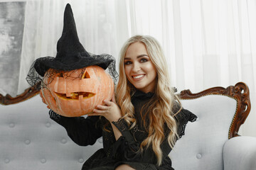 Woman in costume getting ready for halloween