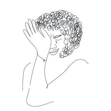 Woman is crying, vector illustration. Domestic violence, pain,deppresion. Vector line art, hand drawing. illustration