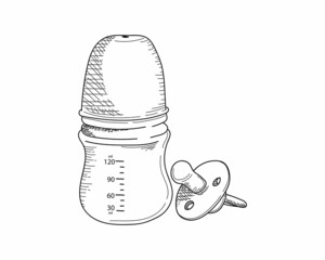 Vector illustration baby bottle with pacifier sketch in silhouette on a white background.Perfect for greeting cards, party invitations, posters, stickers, pin, scrapbooking, icons.