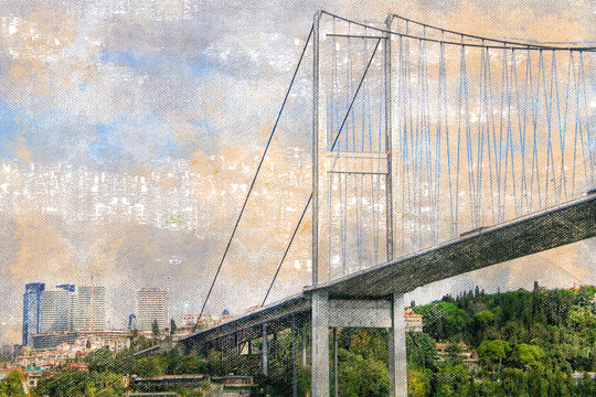 Bridge over the Bosphorus. View from the deck of a ship sailing under it. Digital watercolor painting.