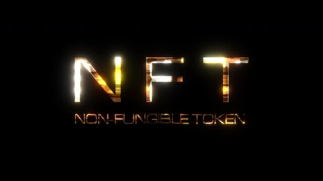 NFT or NON FUNGIBLE TOKEN gold text with glitch effect loop title on black background. 4K 3D seamless  loop NFT Non-Fungible token glitch effect element text animation with golden shine for intro titl