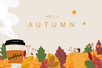 Hello autumn. Cup of coffee, Pumpkins and autumn leaves background. Vector illustration in flat design style.