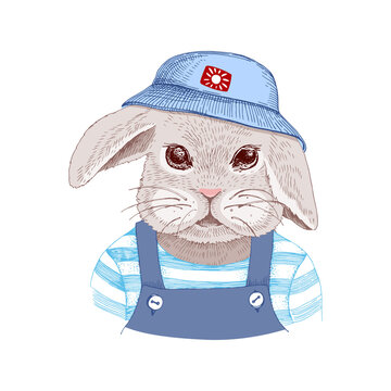 Hand drawn portrait of rabbit with accessories