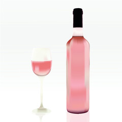 pink wine bottle with its glass of wine