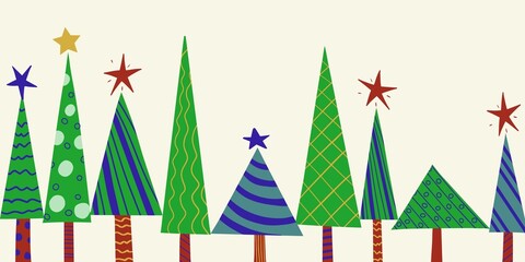 Seamless horizontal New Year pattern of stylized decorated Christmas trees. Vector holiday background for packaging, paper and textile products