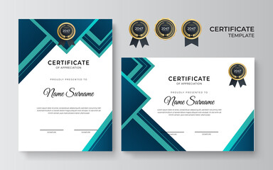 Modern clean dan simple blue green certificate template on white background. Certificate of achievement template with gold badge and border
