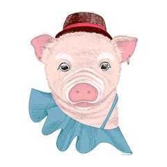 Fotobehang Hand drawn portrait of funny pig with accessories © Marina Gorskaya