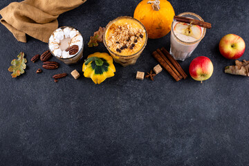 Set of autumn smoothie with pumpkin, apple and pecan