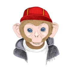 Gordijnen Hand drawn portrait of monkey with accessories © Marina Gorskaya