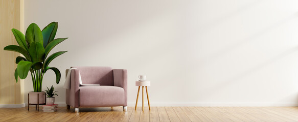 Modern minimalist interior with an armchair on empty white wall background.