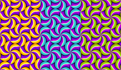 Set of colorful wrapping paper. Spin illusion. Seamless pattern.