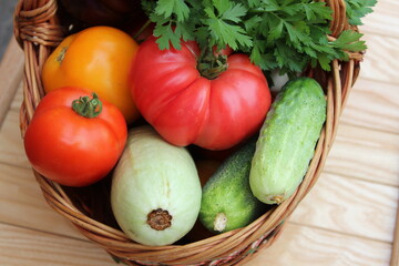 Basket with tomatoes, cucumbers, eggplants and zucchini