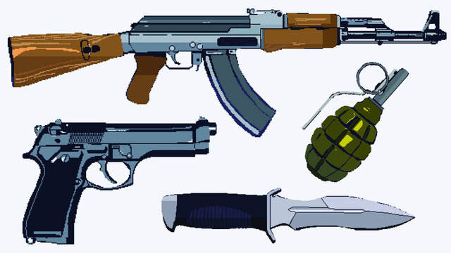 A set of weapons flat pixel art 80s style icons grenade, knife, gun and automatic shotgun isolated vector illustration. Design for sticker, mobile app and logo. Game assets 8-bit sprite
