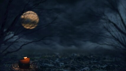 Halloween theme with candle and full moon in dark autumn forest. Halloween horror background.