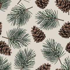 Naklejka premium Seamless pattern with pine tree branches and cones. Hand drawn vector illustration