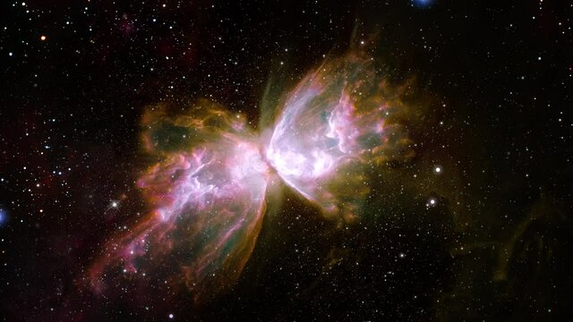 Space travel flying in to the NGC 6302 also known as the Bug Nebula or Butterfly Nebula or Caldwell 69). 4K motion footage for scientific films and cinematic in space. Based on NASA public image.
