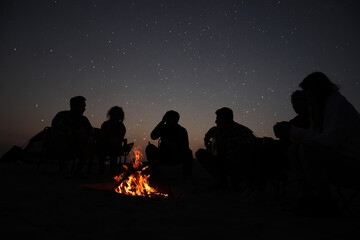 Group of friends gathering around bonfire in evening. Camping season - Powered by Adobe