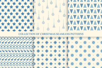 Set of christmas seamless patterns. Vector holiday blue backgrounds with xmas elements. Trendy repeatable celebration prints
