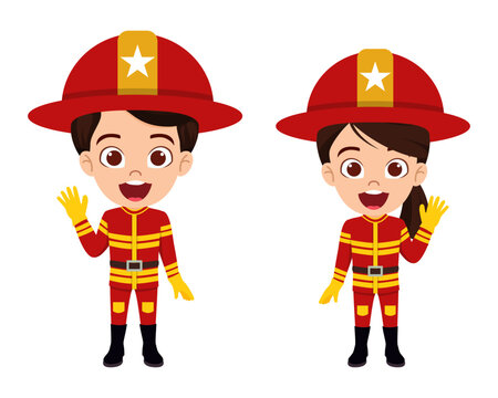 Happy cute kid fireman and firewoman character standing and waving