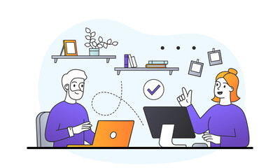 Self isolation and home office concept. Man and woman sitting in apartment and performing project on computer. Remote work or freelance. Cartoon flat vector illustration isolated on white background