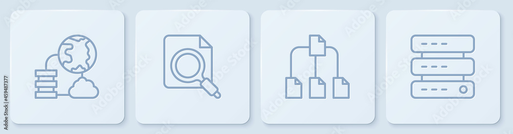 Poster set line network cloud connection, folder tree, search concept with folder and server, data, web hos