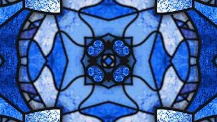 Stained glass window. Color glass. Kaleidoscopic dynamic background. Transparency. Blue seamless looping animation footage. Psychedelic motion design. Architectural decor. Dj loop. Vj loops. 4K - Powered by Adobe