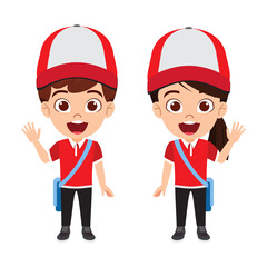 Happy cute kid delivery  boy and girl character standing and waving