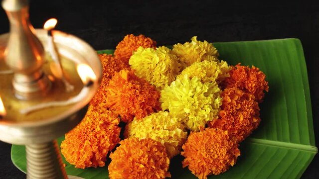 Indian woman decorating flowerbed marigold flower lighted oil lamp Pongal Onam Diwali vishu celebration Indian festival Nilavilakku 4K video footage Rangoli Kerala Tamil nadu North India Mumbai Delhi
