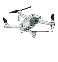 Quadricopter drone in gray color with camera isolated on white background. Vector illustration with space for text.
