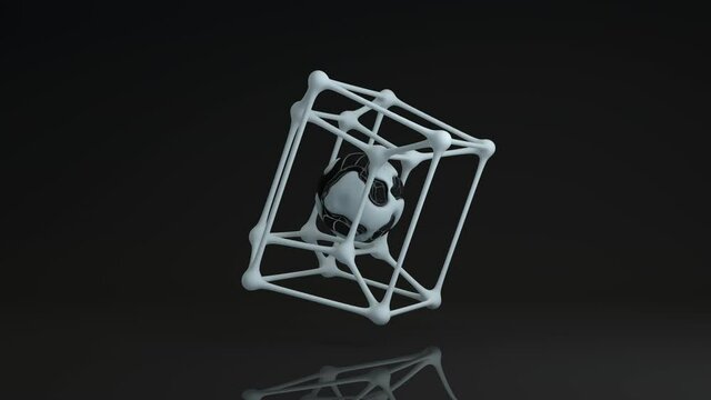 Loop 3d animation of a geometric anomaly. Hypercube, tesseract in the studio with reflections. In the center of the cube is a sphere with convolutions and a wave surface. Quantum mechanics.