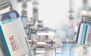 COVID-19 Coronavirus 3d-illustration as science or vaccine manufacturing. Doses in glass bottles of Vaccines