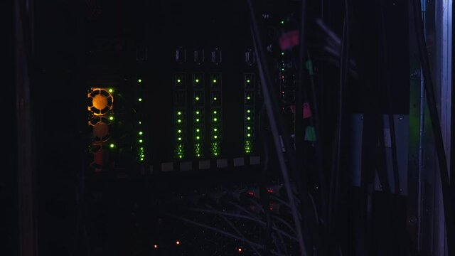 Music concert rack with blinking lapms on mixer, equaliser, compressor and amplifier. Closeup