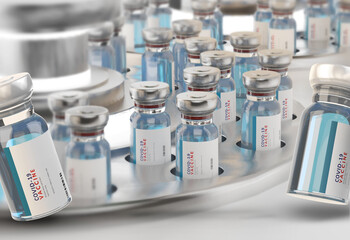 COVID-19 Coronavirus 3d-illustration as science or vaccine manufacturing. Doses in glass bottles of Vaccines