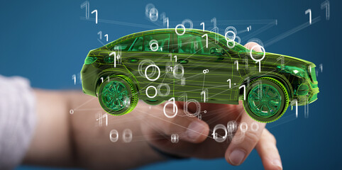 Hologram auto, futuristic polygonal model auto.