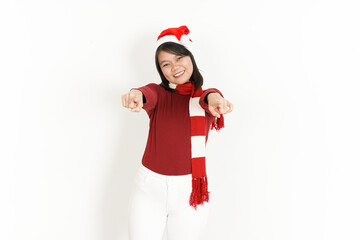 Smile And Pointing At You of Beautiful Asian Woman Wearing Red Turtleneck and Santa Hat Isolated On White Background