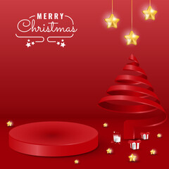 3d minimal red christmas banner design with podium, star, and tree decorations