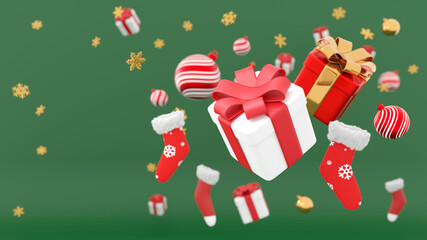 Merry Christmas and Happy New Year. Background with realistic festive gifts box. Xmas present. Blue boxes fall effect blur motion, Holiday gift surprise, Christmas baubles balls, 3d rendering