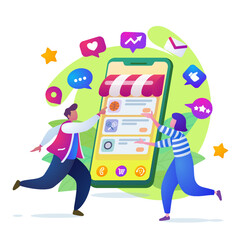 Customers buying from online marketplace using ecommerce mobile app.