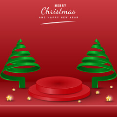 merry christmas banner with green spiral tree, star element and podium product display