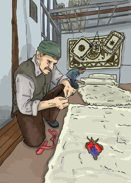 felt master, vintage carpet processing workshop, illustration.
