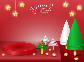 3d merry christmas product display podium stage with tree and sparkle star elements