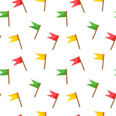 Multi-colored flags for the holiday. Seamless cartoon cute pattern on a white background. Birthday, children's funny illustration, freehand drawing