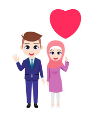 Obraz na płótnie Canvas Happy cute Muslim couple character wearing beautiful traditional outfit standing and posing with love shape balloon isolated