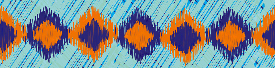 Shibori style ikat vector seamless vector border background. Banner of scribbled indigo orange diamond shapes on blue weave effect backdrop. Graphic style woven geometric design for ribbon, edging