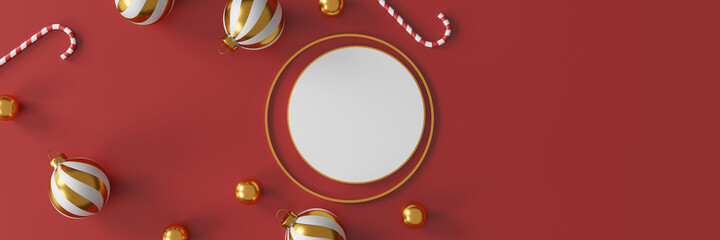 Christmas and happy new year decorations with a golden silver ball and golden star on red background. 3d illustration